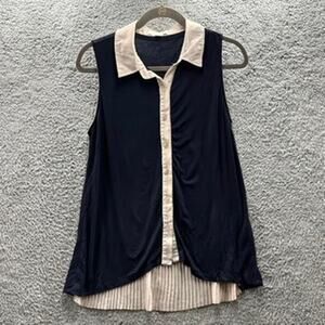 Pinque Women's Medium Tank Blue Cream Collar Button Up Pleats In‎ Back Romantic